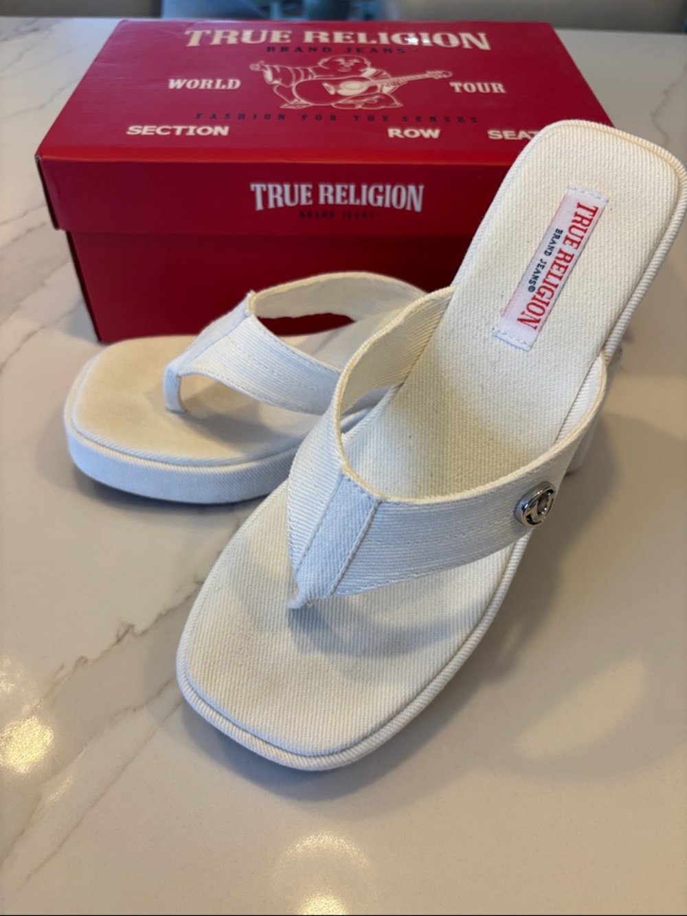 True Religion White Platform Canvas Thong Sandals